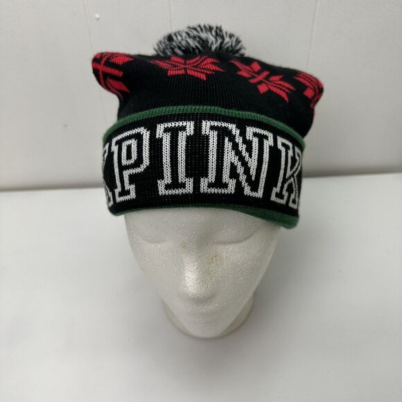 Victorias Secret PINK Beanie Hat Winter Cap Black Red Snowflakes Knit - Picture 2 of 10